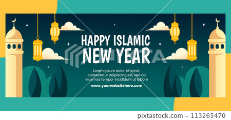 Islamic New Year Cover Flat Cartoon Hand Drawn Templates Background Illustration 113265470