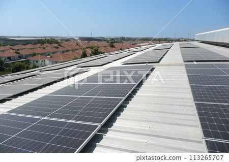 Engineers install solar cells on the roof of factory 113265707