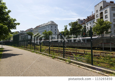Metro line with train in Vienna 113265850