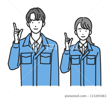 穿著工作服的一男一女做指向姿勢（上半身） 113265861