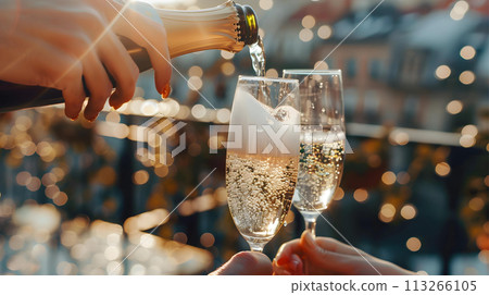 Close-up of hands pouring champagne into glasses with bokeh background 113266105