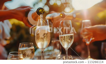 Close-up of hands pouring champagne into glasses with bokeh background 113266114