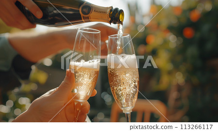 Close-up of hands pouring champagne into glasses with bokeh background 113266117
