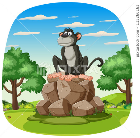 Monkey Sitting Atop a Rock Pile Monkey Sitting Atop a Rock Pile 113266163