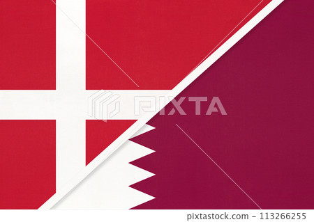 Denmark and Qatar, symbol of country. Danish vs Qatari national flags. Denmark and Qatar, symbol of country. Danish vs Qatari national flags. 113266255