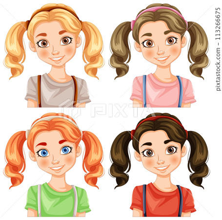 Diverse Cartoon Girls with Different Hairstyles Diverse Cartoon Girls with Different Hairstyles 113266675