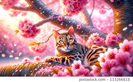 在盛開的櫻花叢中,一隻孟加拉虎正對著我們。 在盛開的櫻花叢中,一隻孟加拉虎正對著我們。 113266818