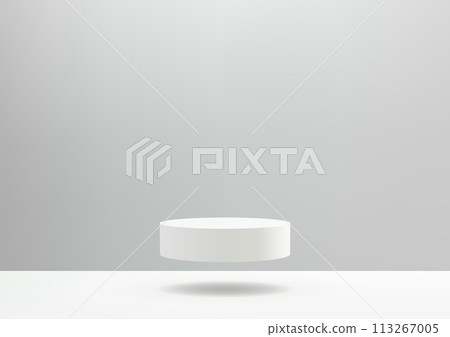 3D white cylinder podium floats in the air on a white floor on gray background 3D white cylinder podium floats in the air on a white floor on gray background 113267005