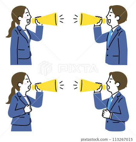 Men and women cheering with megaphones, suits Men and women cheering with megaphones, suits 113267015