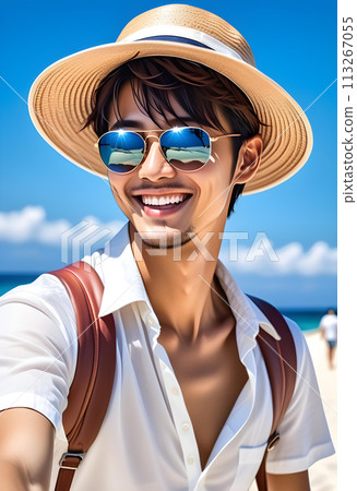 戴著草帽和太陽眼鏡的微笑英俊的男人（藍天，海灘背景）。旅遊、出行、AI生成 113267055