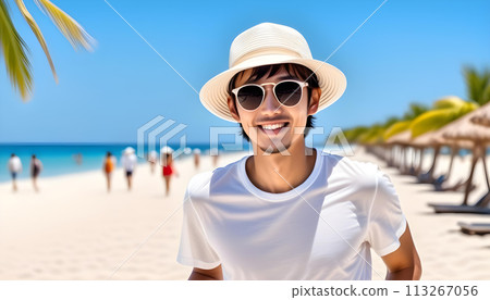 戴著草帽和太陽眼鏡的微笑英俊的男人（藍天，海灘背景）。旅遊、出行、AI生成 113267056