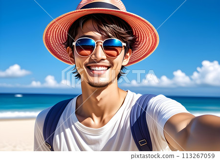 戴著草帽和太陽眼鏡的微笑英俊的男人（藍天，海灘背景）。旅遊、出行、AI生成 113267059