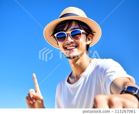 戴著草帽和太陽眼鏡的微笑英俊的男人（藍天，海灘背景）。旅遊、出行、AI生成 113267061