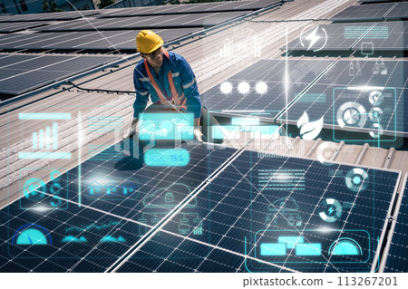 Engineers install solar cells on the roof of factory 113267201