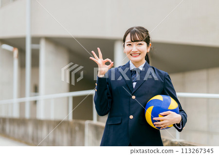 Blazers holding volleyballs, junior high school students, high school students, female high school students in uniforms (club activities, volleyball club, club activities) Blazers holding volleyballs, junior high school students, high school students, female high school students in uniforms (club activities, volleyball club, club activities) 113267345