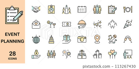 Icon set color related to events and event planners 113267430