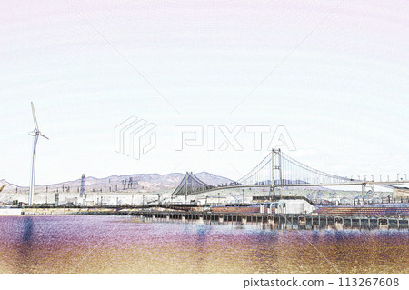 Pastel tones: "Windmills and Shiratori Bridge at Muroran Port" illustration image 113267608