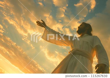 Divine Encounter: Serene Moment with Jesus Christ Extending Hand to the Sky Divine Encounter: Serene Moment with Jesus Christ Extending Hand to the Sky 113267630