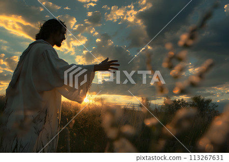 Divine Encounter: Serene Moment with Jesus Christ Extending Hand to the Sky Divine Encounter: Serene Moment with Jesus Christ Extending Hand to the Sky 113267631