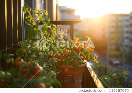 Sunset Bounty: Cherry Tomato Plants Thriving in a Balcony Garden Sunset Bounty: Cherry Tomato Plants Thriving in a Balcony Garden 113267673