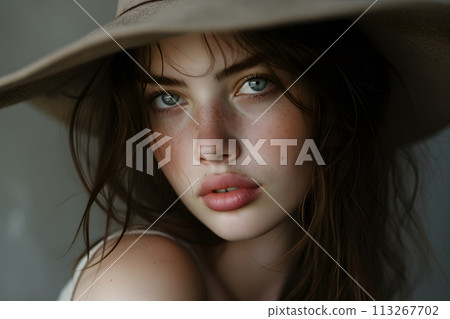 Elegance Captured: Portrait of a Beautiful Young Woman in a Stylish Hat 113267702