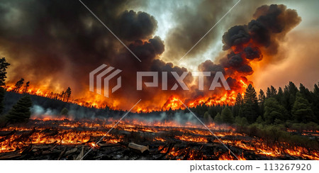 The intensity of a raging wildfire as it engulfs a forest in flames The intensity of a raging wildfire as it engulfs a forest in flames 113267920