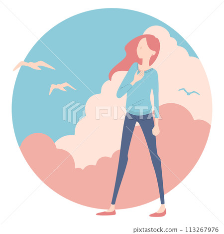 一個女人把手放在胸前,映襯著藍天的插圖 一個女人把手放在胸前,映襯著藍天的插圖 113267976