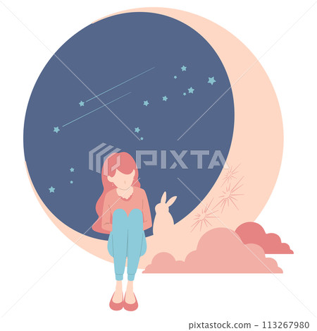 一個女人坐在夜空和月亮上的插圖 一個女人坐在夜空和月亮上的插圖 113267980