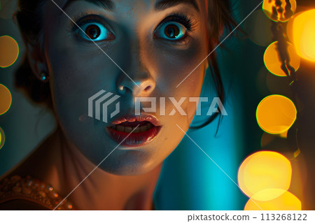 Surprised Elegance: Woman Expressing a Startled Look with Style 113268122