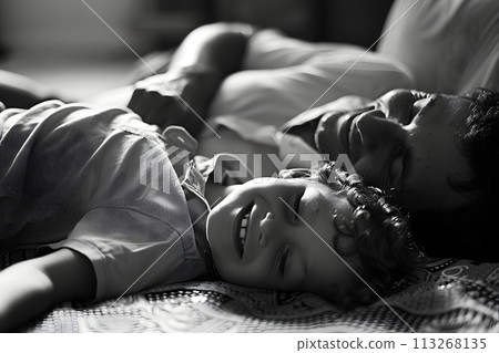 Dreamland Embrace: Side View Portrait of Young Father Falling Asleep with Adorable Little Child Dreamland Embrace: Side View Portrait of Young Father Falling Asleep with Adorable Little Child 113268135