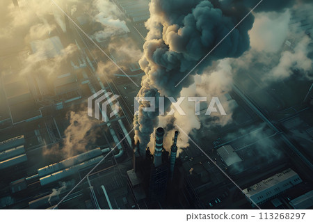 Sunrise Productivity: Industrial Factory Awakens with Billowing Smoke 113268297