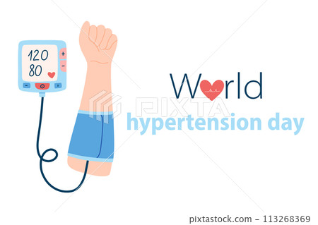 World Hypertension Day. Blood pressure measurement. Hand with a tonometer. Vector illustration. 113268369