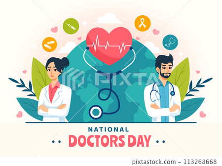 National Doctors Day Vector Illustration with Doctor, Stethoscope and Medical Equipment for Dedication and Contributions in Flat Cartoon Background 113268668