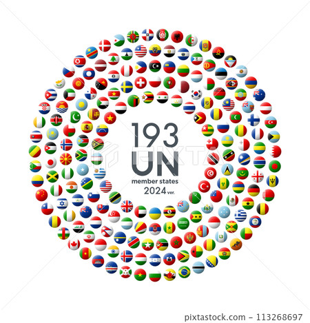 A set of spherical flags from 193 countries around the world, arranged in concentric circles at equal intervals 113268697