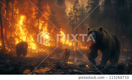 Amidst the ragging flames of burning forest, the wildlife faces a dire situation. The harsh reality of wildfires, emphasising the urgency of protecting our natural habitats. Generative AI. 113268710