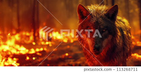 Amidst the ragging flames of burning forest, the wildlife faces a dire situation. The harsh reality of wildfires, emphasising the urgency of protecting our natural habitats. Generative AI. 113268711