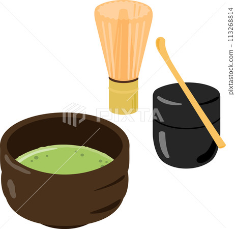 A bowl of matcha tea, a tea whisk and a tea caddy 113268814