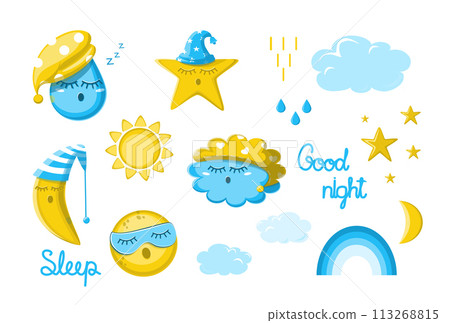 Cartoon elements of the weather. Sleeping drop, moon and stars, rainbow and fluffy clouds. Natural objects and text. Cartoon elements of the weather. Sleeping drop, moon and stars, rainbow and fluffy clouds. Natural objects and text. 113268815