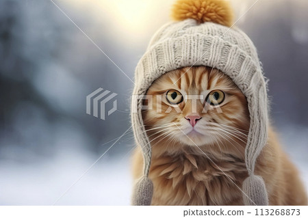 Cats soulful eyes contrast beautifully with the crisp snow 113268873