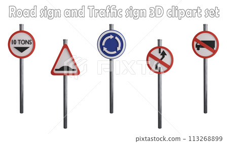 Road sign and traffic sign clipart element ,3D render road sign concept isolated on white background icon set No.28 Road sign and traffic sign clipart element ,3D render road sign concept isolated on white background icon set No.28 113268899