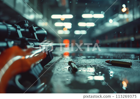 Close-up of a sniper rifle with scope on wet surface 113269375