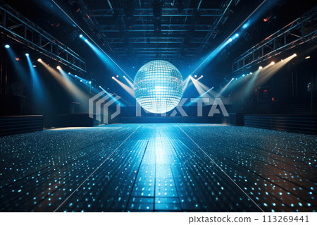 disco dance glowing floor with shining ball disco dance glowing floor with shining ball 113269441