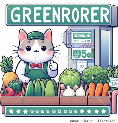 A cute cat selling vegetables at a greengrocer A cute cat selling vegetables at a greengrocer 113269582