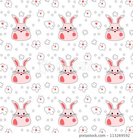 Seamless pattern with pink bunnies with flowers. Easter bunnies for printing on childrens products, fabric and wallpaper on a white background. Cartoon flat vector illustration. 113269592