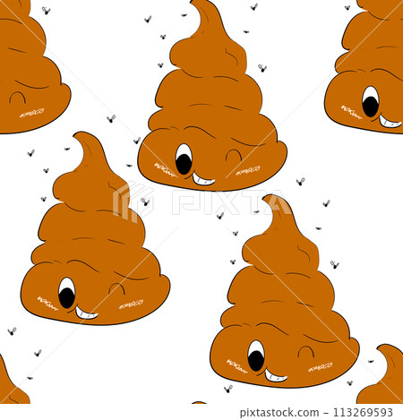 Seamless pattern with kawaii poop on white background. Cartoon poo, feces icons. Shit patterns, evil turd. Vector illustration for invitation, poster, card, fabric, textile. Doodle style 113269593