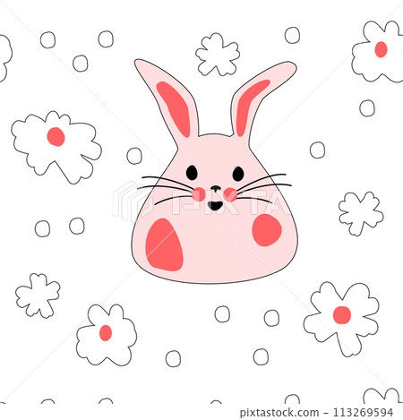 Seamless pattern with pink bunnies with flowers. Easter bunnies for printing on childrens products, fabric and wallpaper on a white background. Cartoon flat vector illustration. Seamless pattern with pink bunnies with flowers. Easter bunnies for printing on childrens products, fabric and wallpaper on a white background. Cartoon flat vector illustration. 113269594
