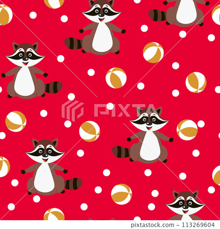 Vector seamless repeating childish pattern with cute raccoon in doodle style. Animals background for invitation, poster, card, flyer, textile, fabric 113269604