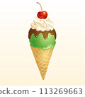 Green tea Ice cream cone with red bean jam and cherry. 113269663