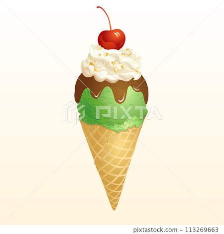 Green tea Ice cream cone with red bean jam and cherry. Green tea Ice cream cone with red bean jam and cherry. 113269663