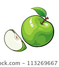 Green apple, fruit cartoon, Apple with leaf isolate on white background. 113269667